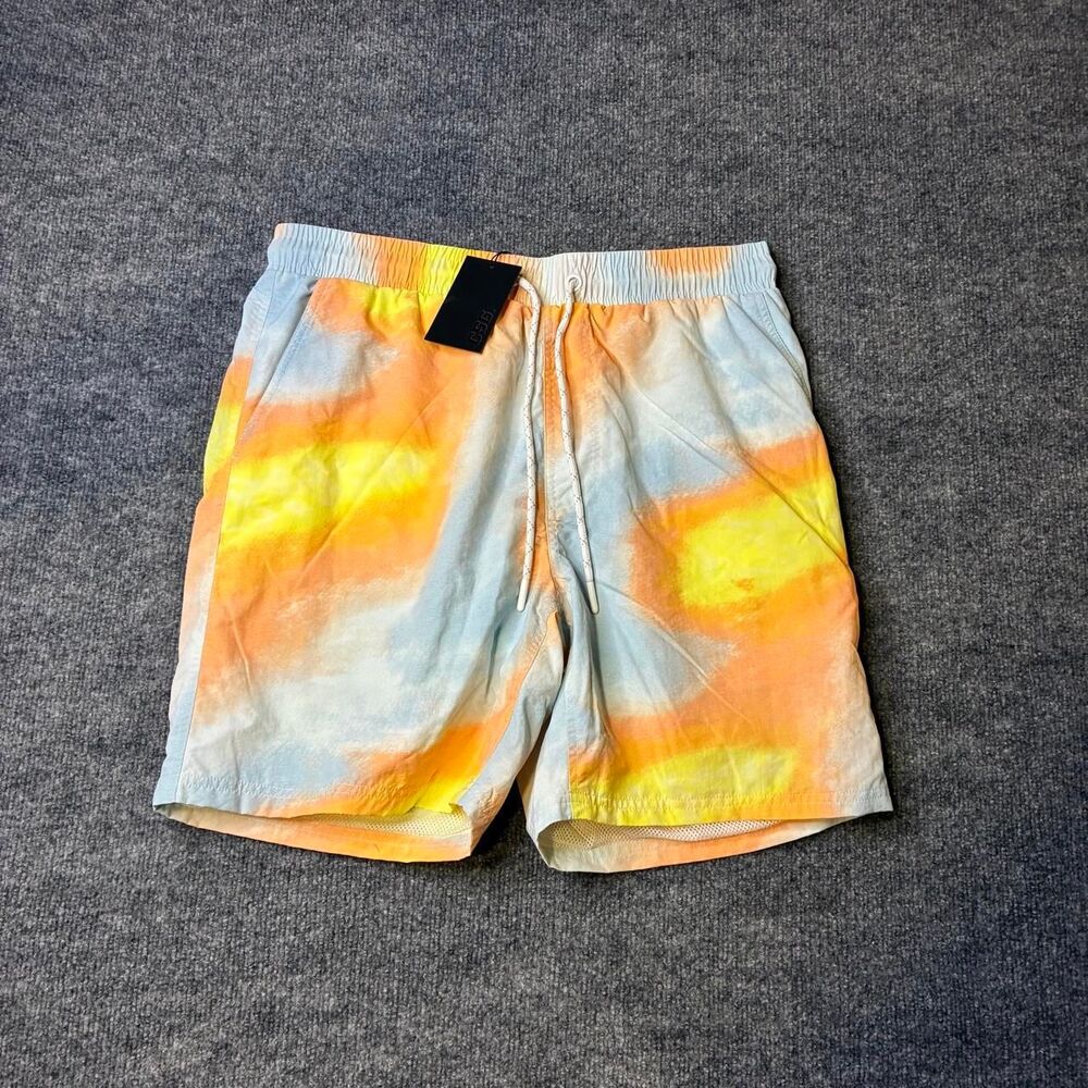 CSG Men’s Large Orange Yellow Blue Abstract Swim Trunks Mesh Lined NWT